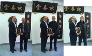 After nearly 50 years of diligent study and continuous teaching, Dr Chung Maannin (鍾萬年博士) --- lineage holder of Leung Sheung style Wing Chun Kung Fu, was honored with the 'Instructor of the Year Award' by the top 3 Wing Chun grandmasters at the Hong Kong Ving Tsun Athletics Association Headquarters. Pictured here presenting the award are: Grandmaster Chan Cheeman (L), Grandmaster Chu Shongtin (M), and Grandmaster Ip Ching (R).